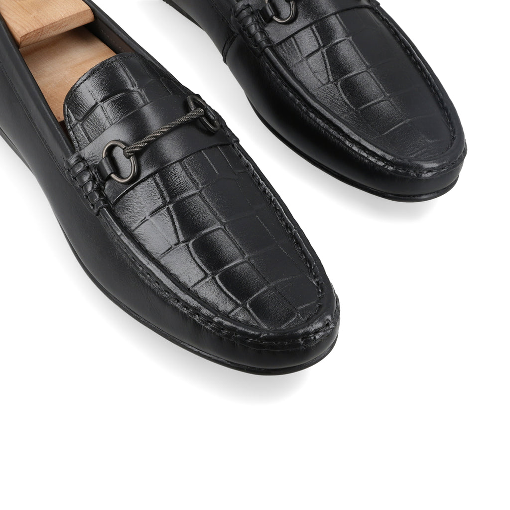 Crocodile Textured Moccasins - Black