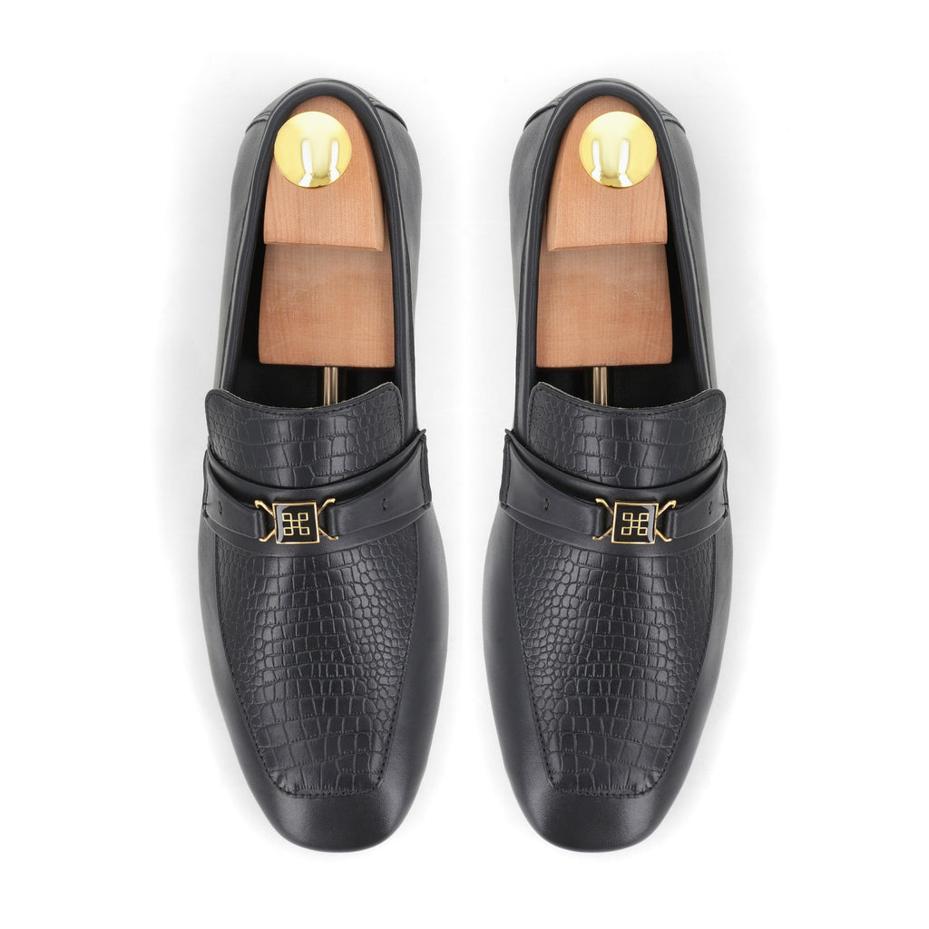 Bold Croc-Embossed Loafers - Black