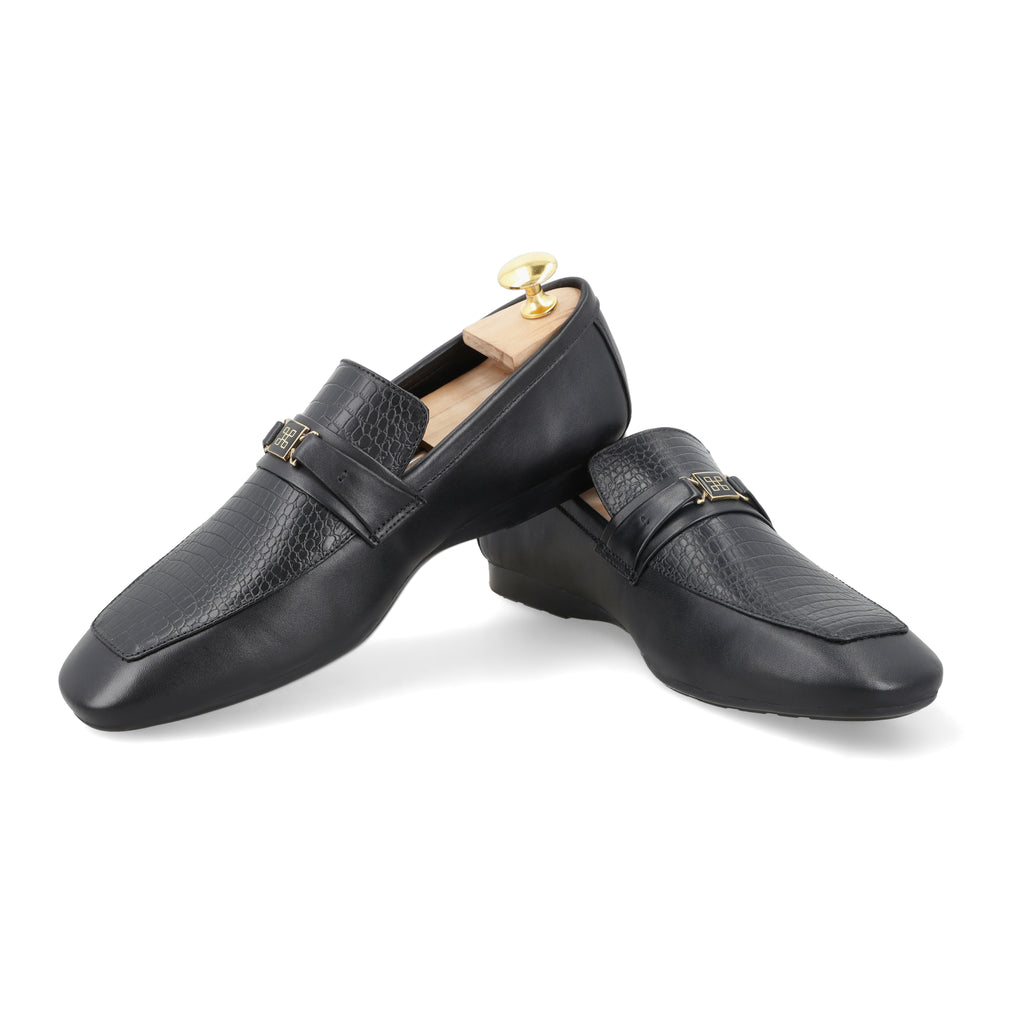 Bold Croc-Embossed Loafers - Black