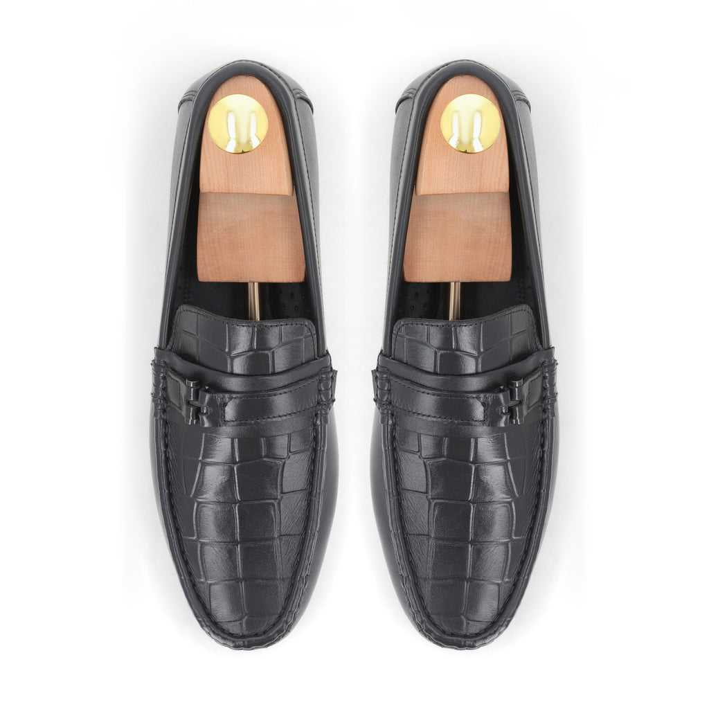 Croc-Embossed Moccasins - Black