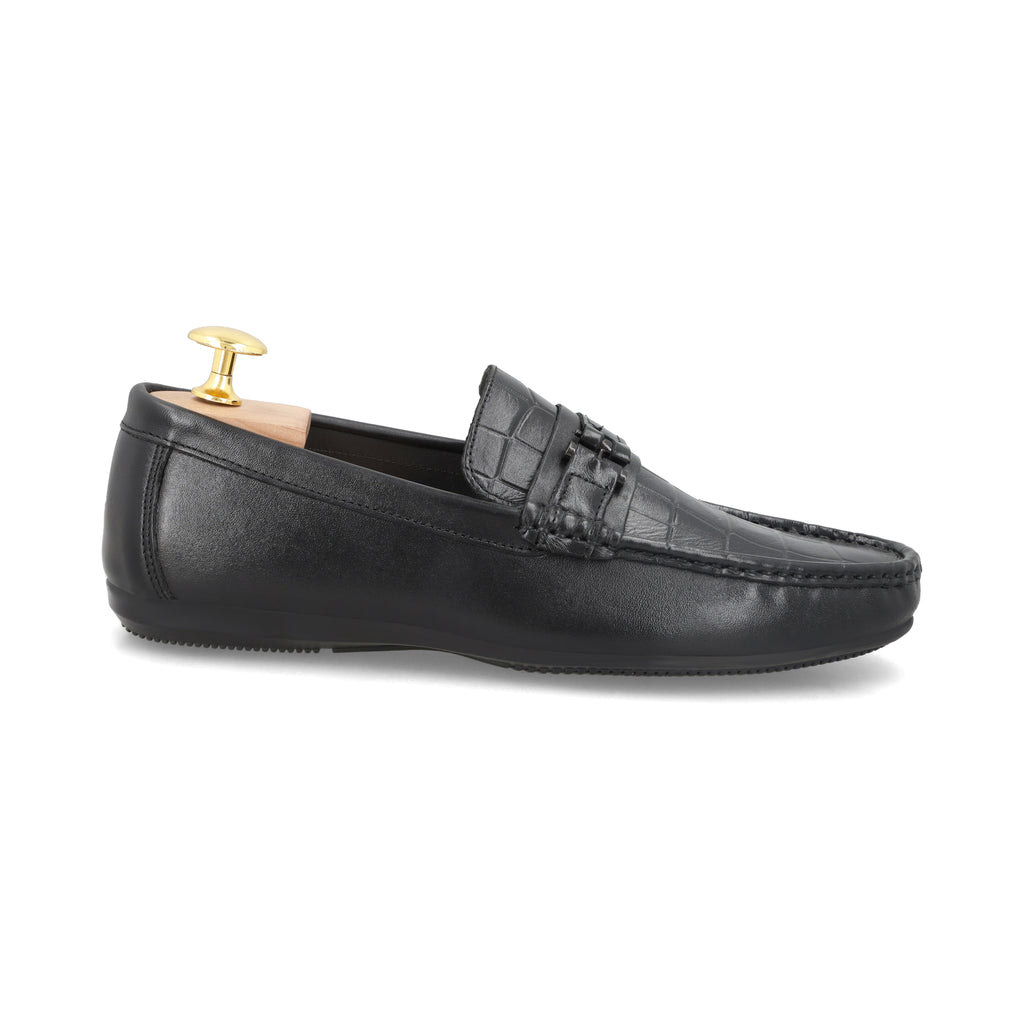 Croc-Embossed Moccasins - Black