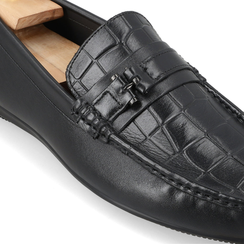 Croc-Embossed Moccasins - Black