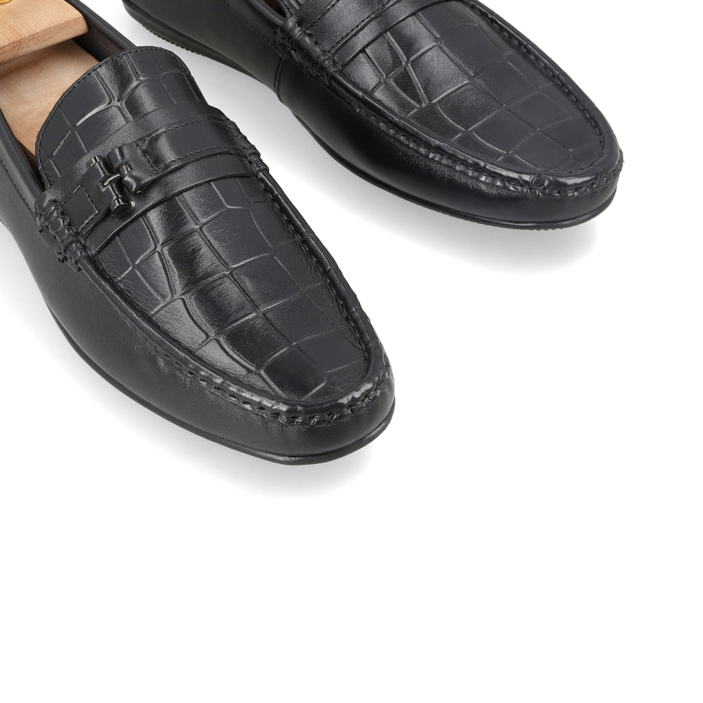 Croc-Embossed Moccasins - Black