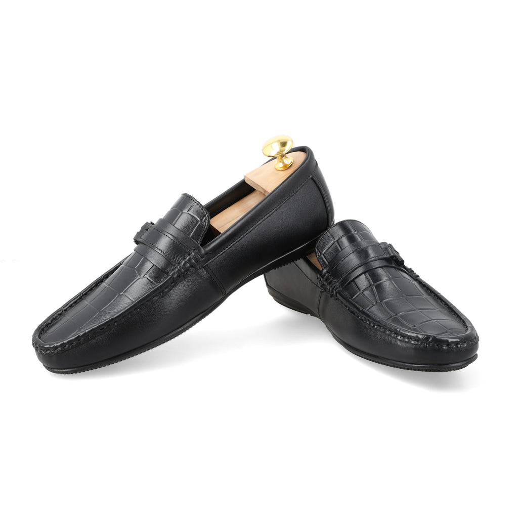 Croc-Embossed Moccasins - Black