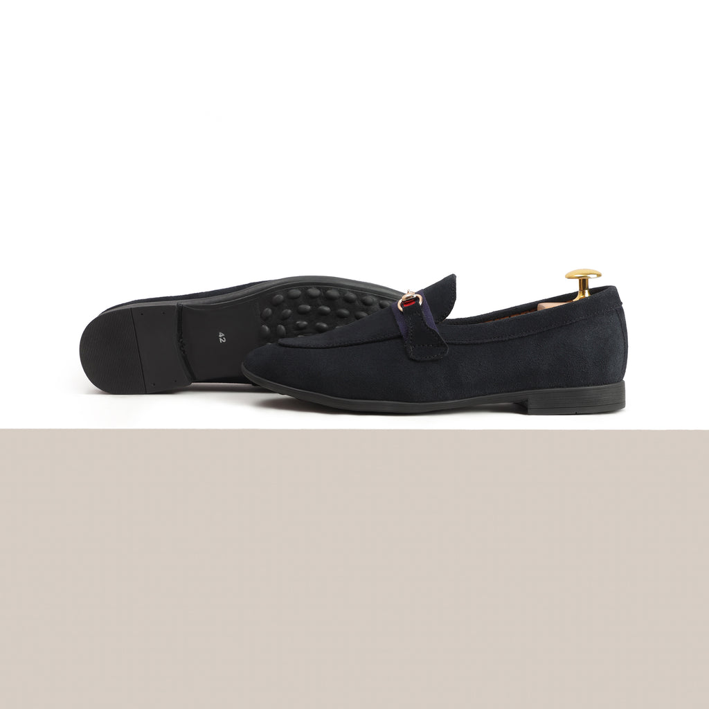 Suede Strapped Loafers - Navy