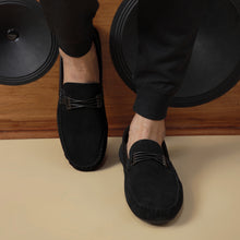 Load image into Gallery viewer, Cross-Buckled Suede Moccasins - Black