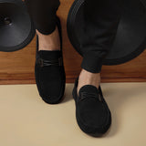 Cross-Buckled Suede Moccasins - Black