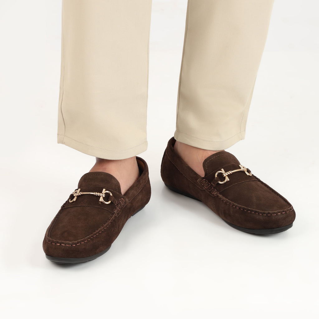 Horse Bit Buckled  Suede Moccasins - Brown