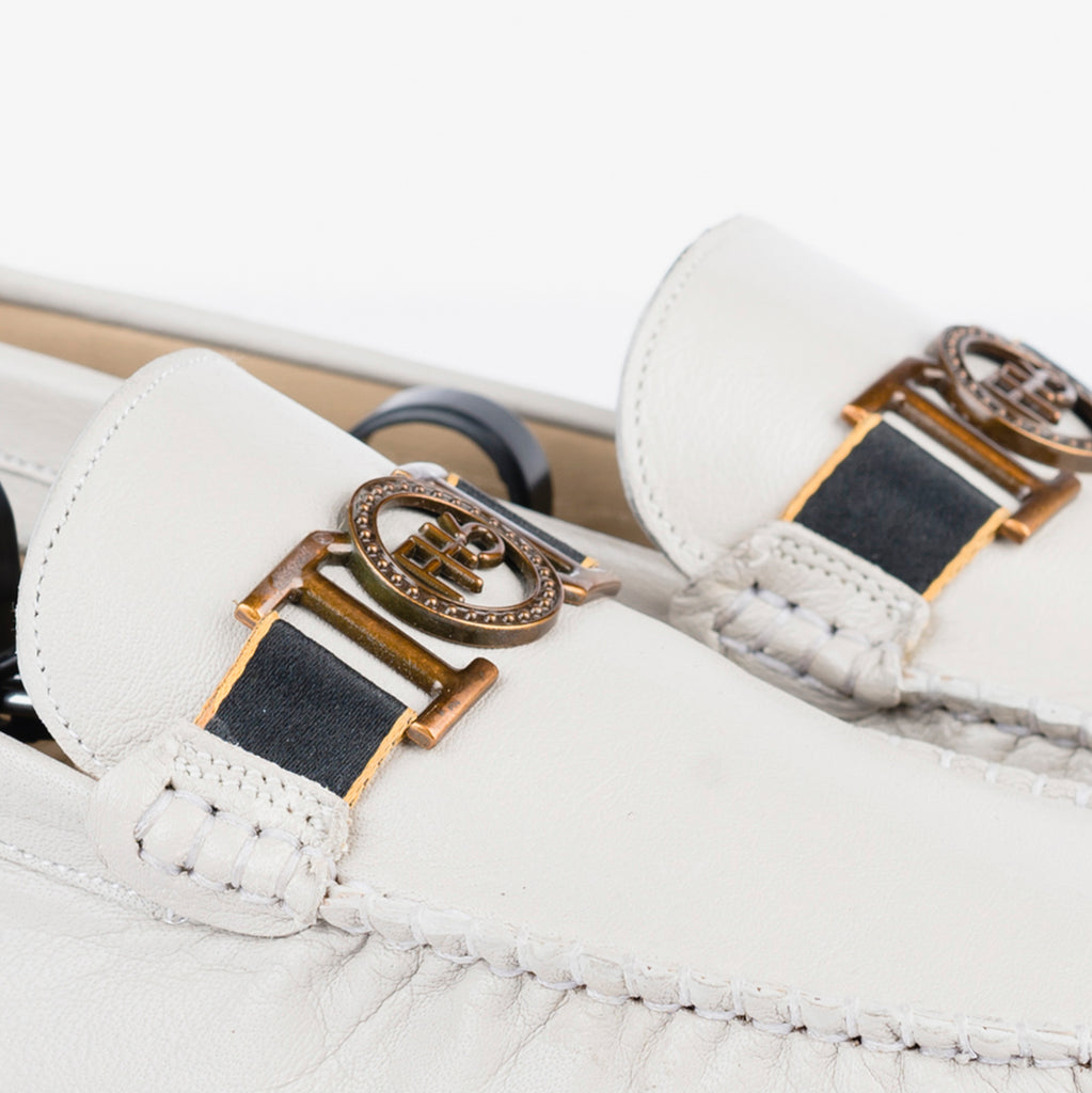 Antique Gold Buckle Moccasin - White