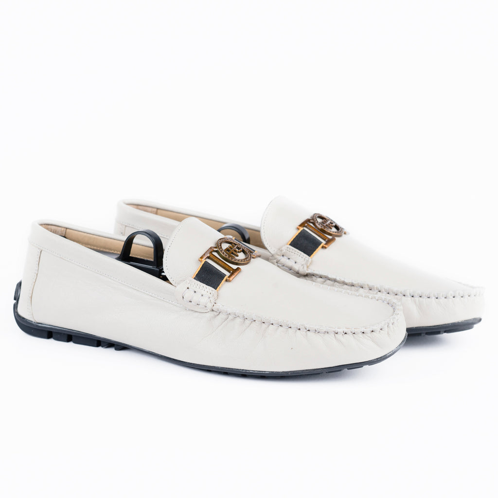 Antique Gold Buckle Moccasin - White